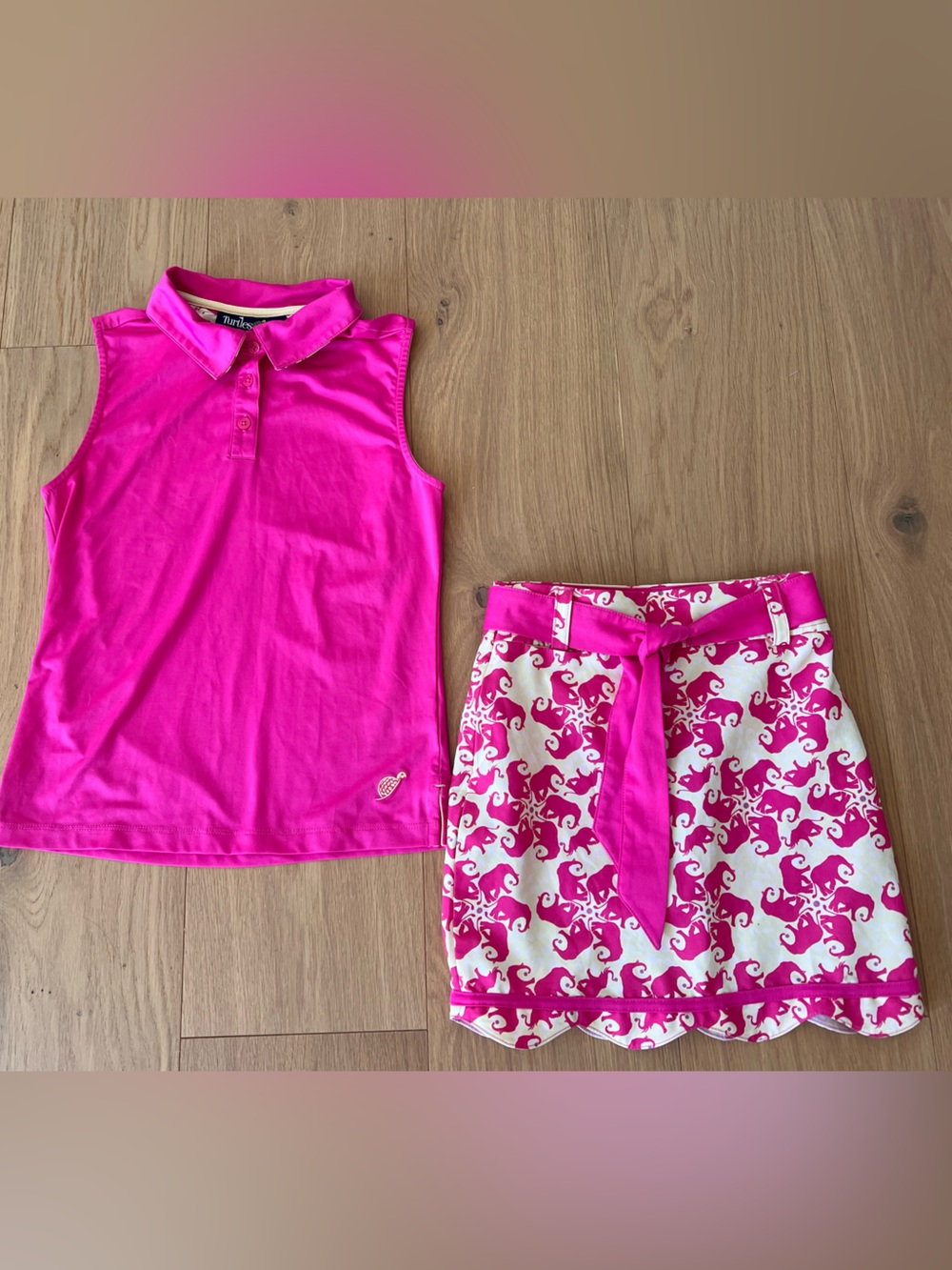 Turtles & Tees Golf Girls' Pink Polo Tank & Patterned Skirt Skort Set-S-7/8